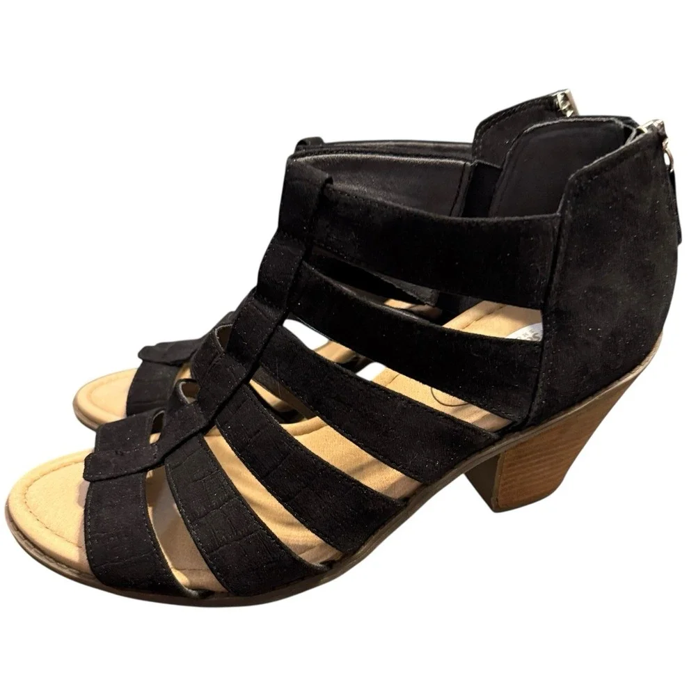 Dr. Scholl's Chaser Black Strappy Sandals 9.5M Block Heel‎ Comfort Zip